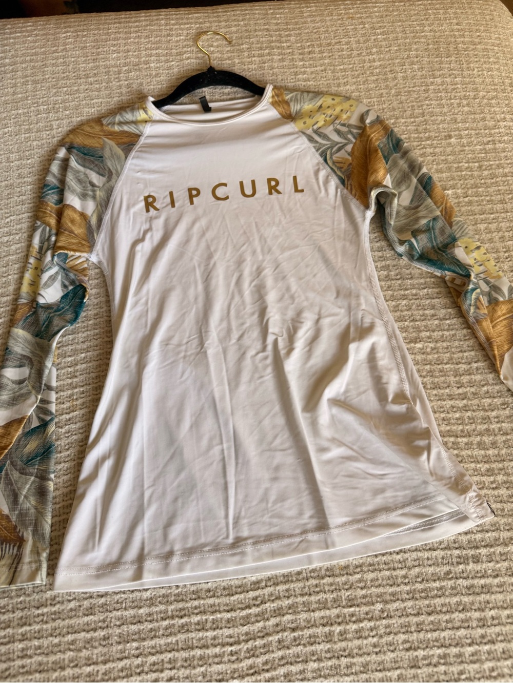 Rip Curl White Rash Guard with Patterned Long Sleeves